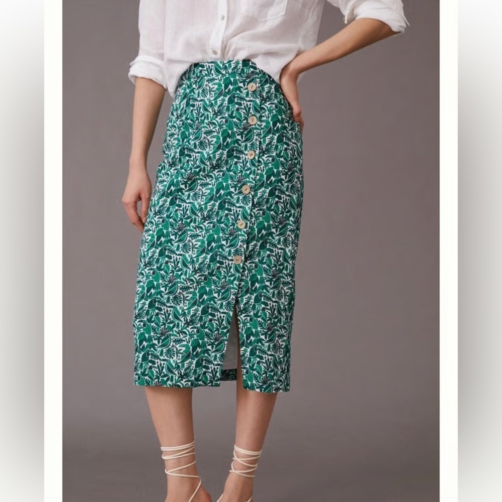 Anthropologie Hutch Green Toucan Button Printed Midi Skirt Size 2
